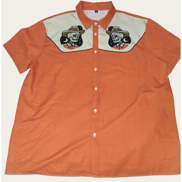 Skeleton Cowboy Western Shirt XL Orange  Cream Button-Up Rockabilly - Picture 1 of 9